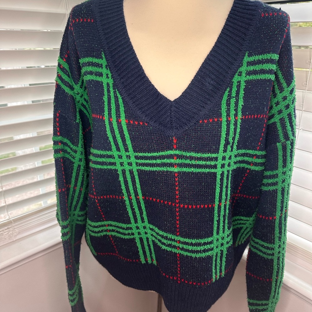 crown & ivy Navy and Green Plaid V-Neck Sweater
